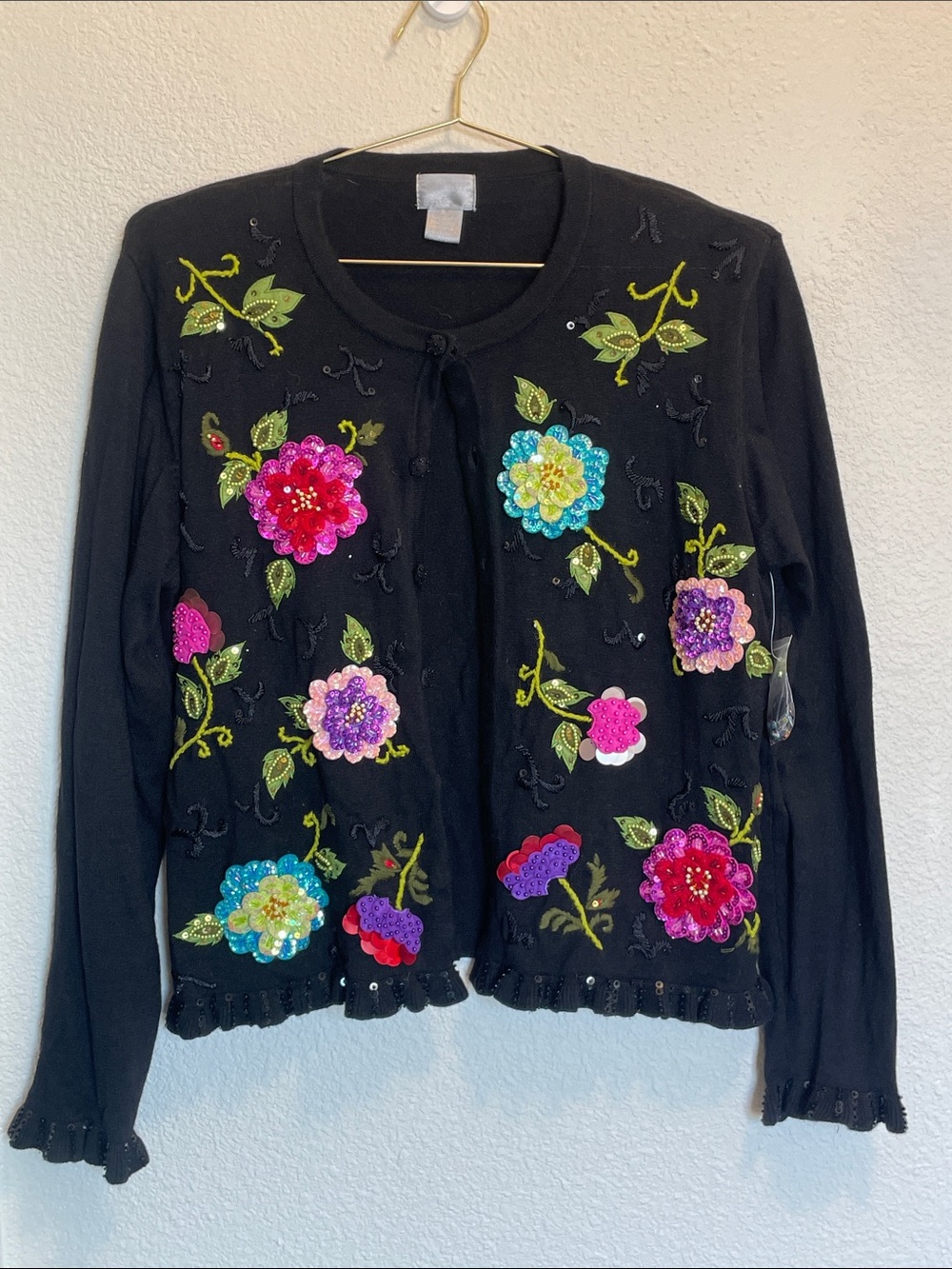 Berek Vintage 90s Vibrant Hand Embroidered Sparkling Sequin Flower Cardigan NWT